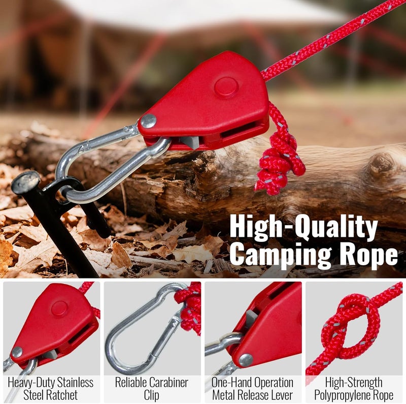 SOHIDAS Camping Rope Reflective Tent Rope Guyline with Ratchet Pulley, Tarp Tie Down Ropes for Tent Tarp, Canopy Shelter, Camping, 13ft Adjustable Guy Line for Canopy Tent 6 Pack Guy Lines Tents Cords - Image 4